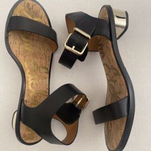 Sam Edelman Trina Black Leather Sandal Gold Heel Strappy Sandal Women's Size 9.5